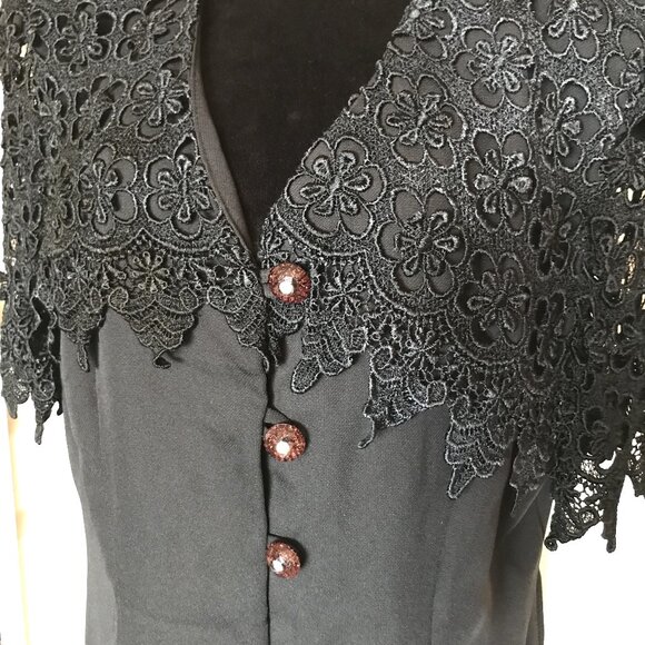 San Julian Tunic Blazer: Vintage Crocheted Lace Collar Crystal Buttons Black M - Picture 6 of 11